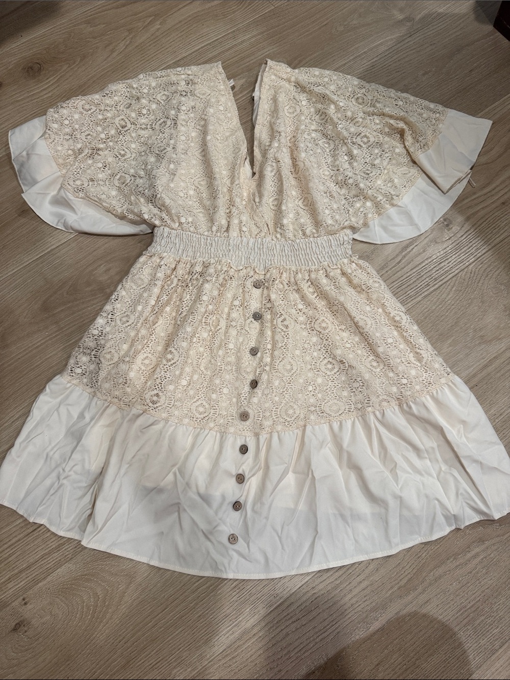 Lace Button-Front Midi Dress in Cream